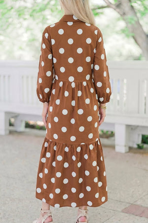 Camel with Polka Dot Button Front Long Sleeve Shift Dress
