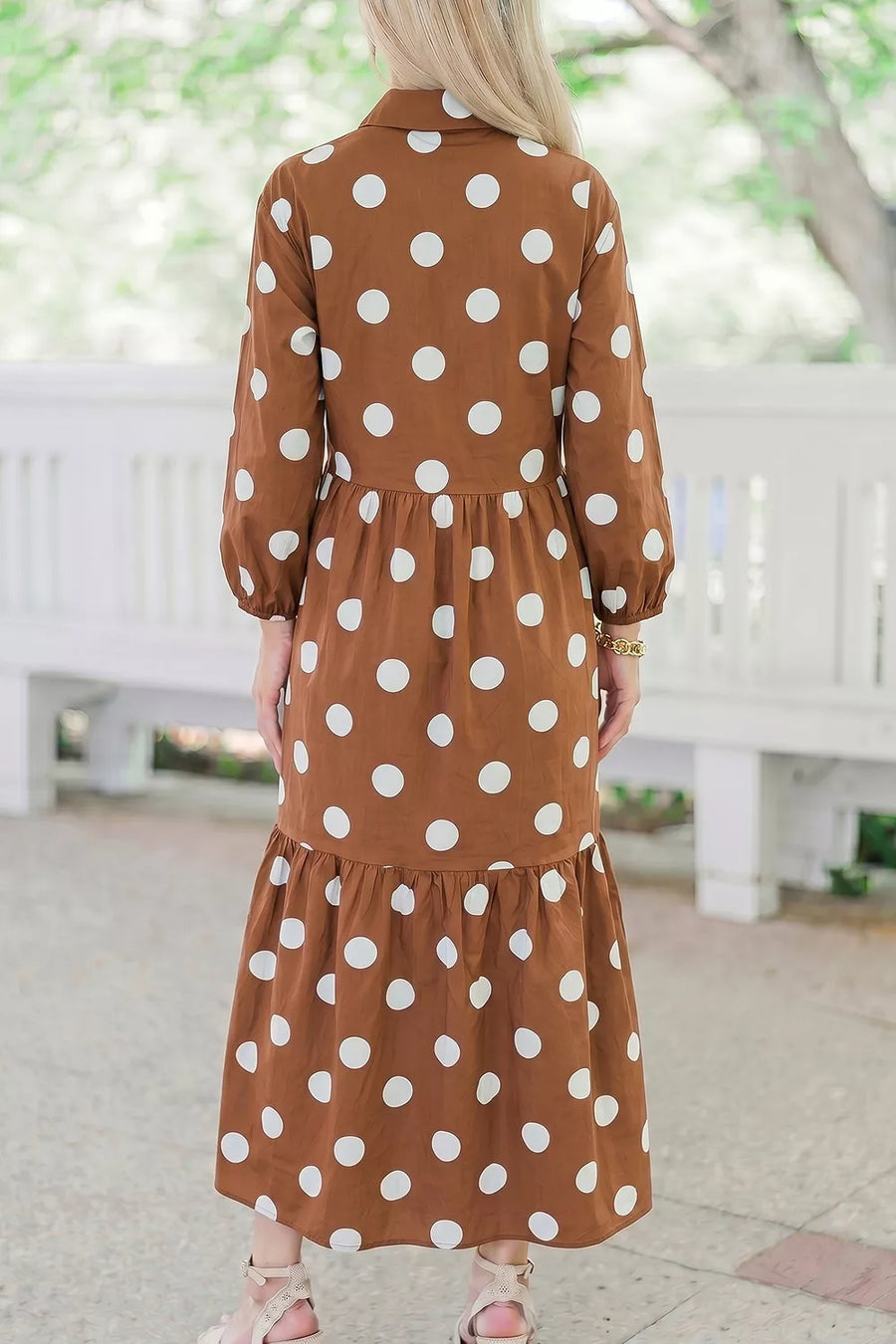 Camel with Polka Dot Button Front Long Sleeve Shift Dress