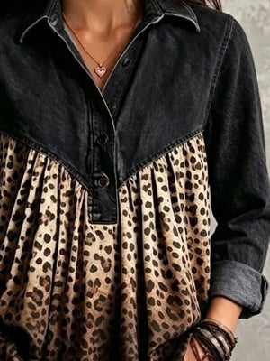 Full Size Leopard Button Detail Blouse Plus Size in brown with buttoned