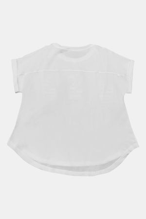 White embroidered USA flag t-shirt with cuffed short sleeves and a curved hem.