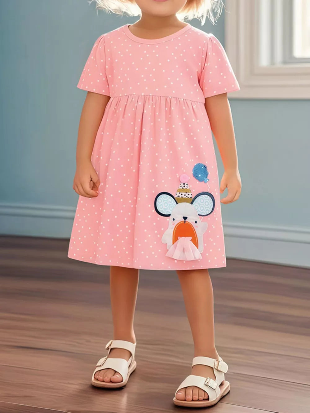 Toddler blush pink polka dot cotton blend dress with cartoon dog applique and balloon detail.