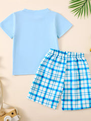 Baby blue cotton tee and blue plaid shorts set.
