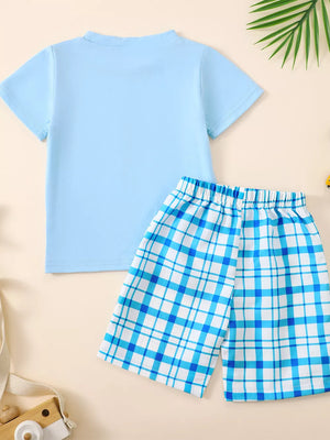 Baby blue cotton tee and blue plaid shorts set.