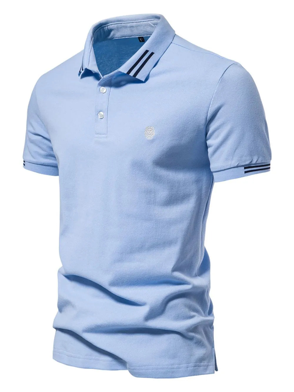 Light blue textured polo shirt with striped collar and sleeve detail.