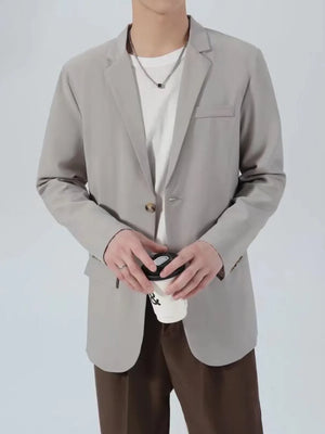 Men's light gray classic fit blazer with button closure and notched lapel.