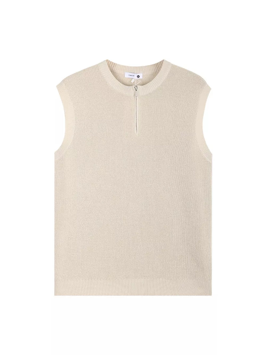 Textured knit men's tank top in apricot with quarter-zip neckline.