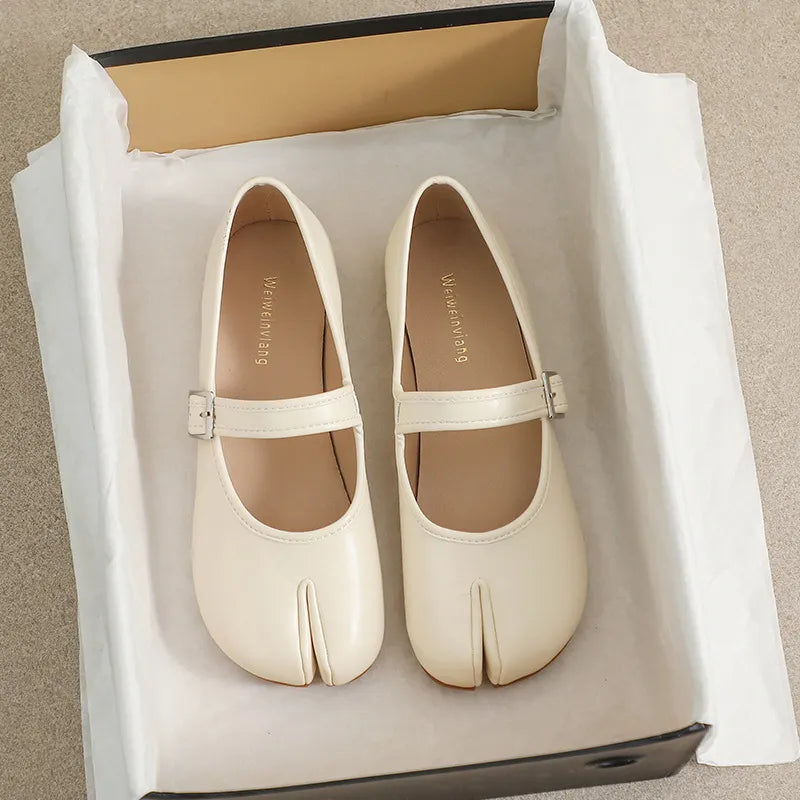 Beige tabi Mary Jane flats with buckle strap and split toe detail