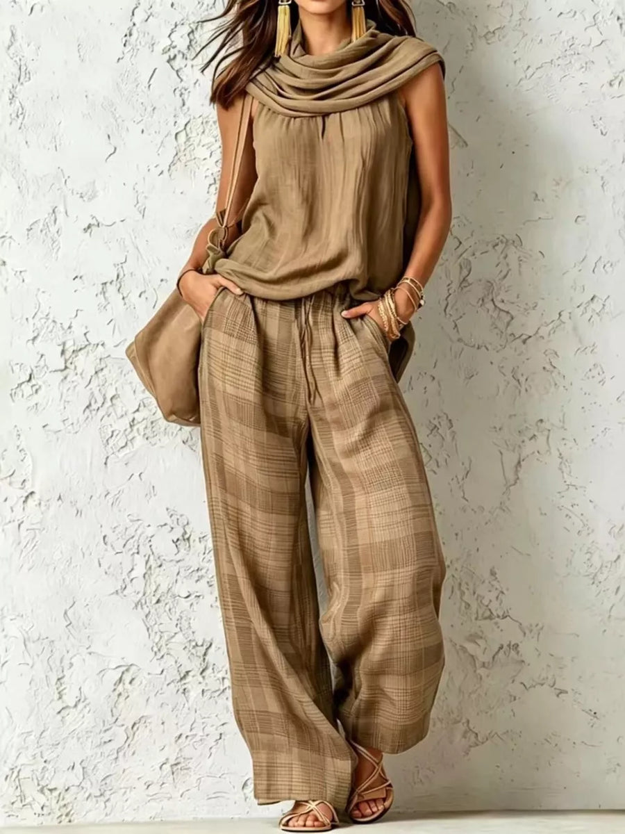 modern two-piece set in Yellow with cowl neck