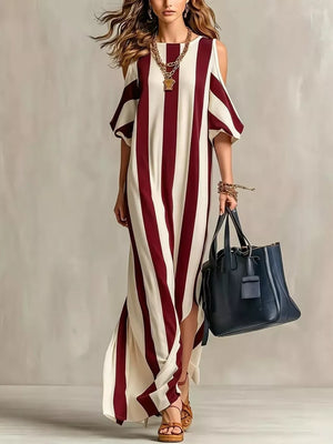 Striped Cold Shoulder Maxi Dress in Burgundy