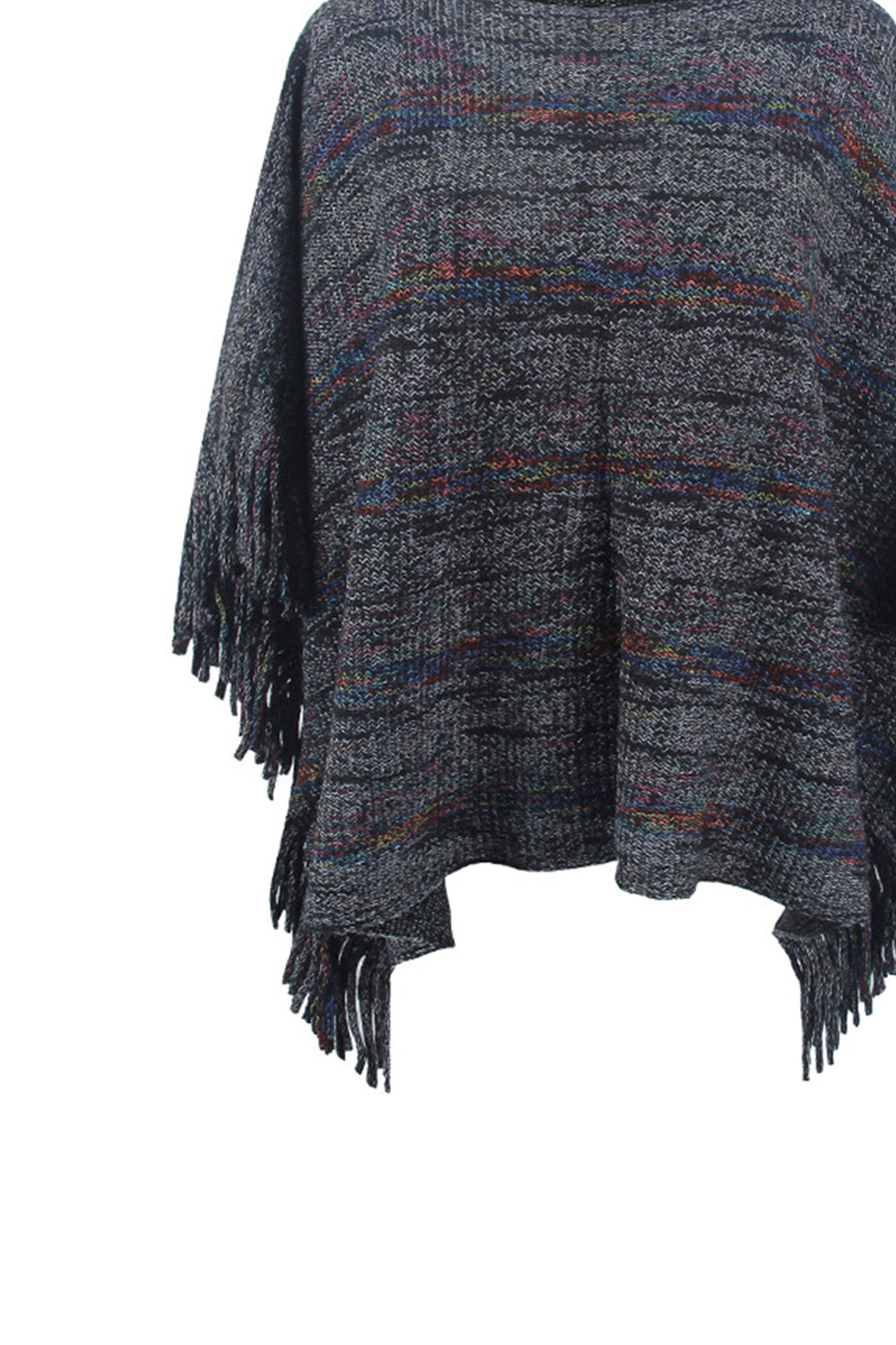 Multicolor knit poncho with fringe detail in charcoal, featuring subtle rainbow stripes.