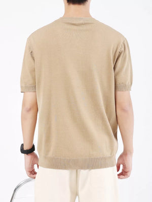 Men's camel ribbed knit t-shirt with short sleeves and crew neck.