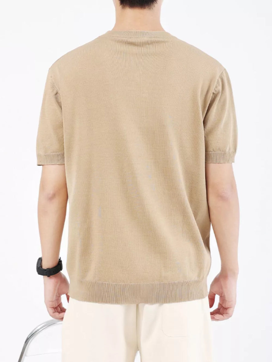 Men's camel ribbed knit t-shirt with short sleeves and crew neck.