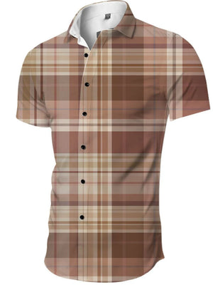 Printed short-sleeve resort shirt in taupe plaid with black buttons and a white collar.