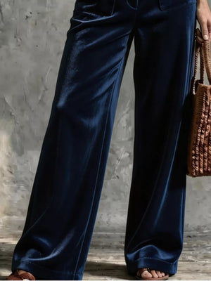 Full Size Velvet Wide-leg Pants in Dark Blue with buttoned