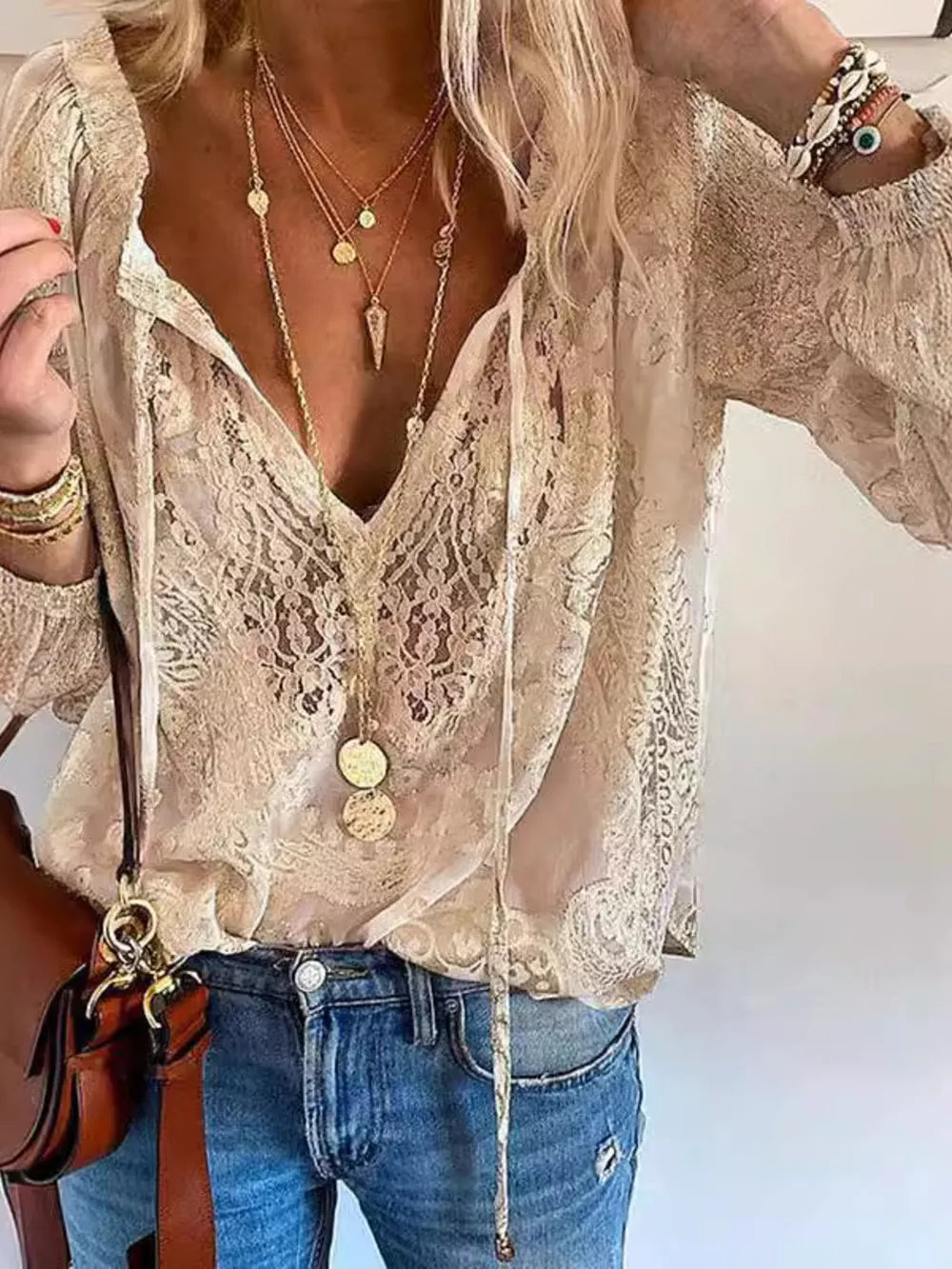 ivory blouse with lace and v-neck