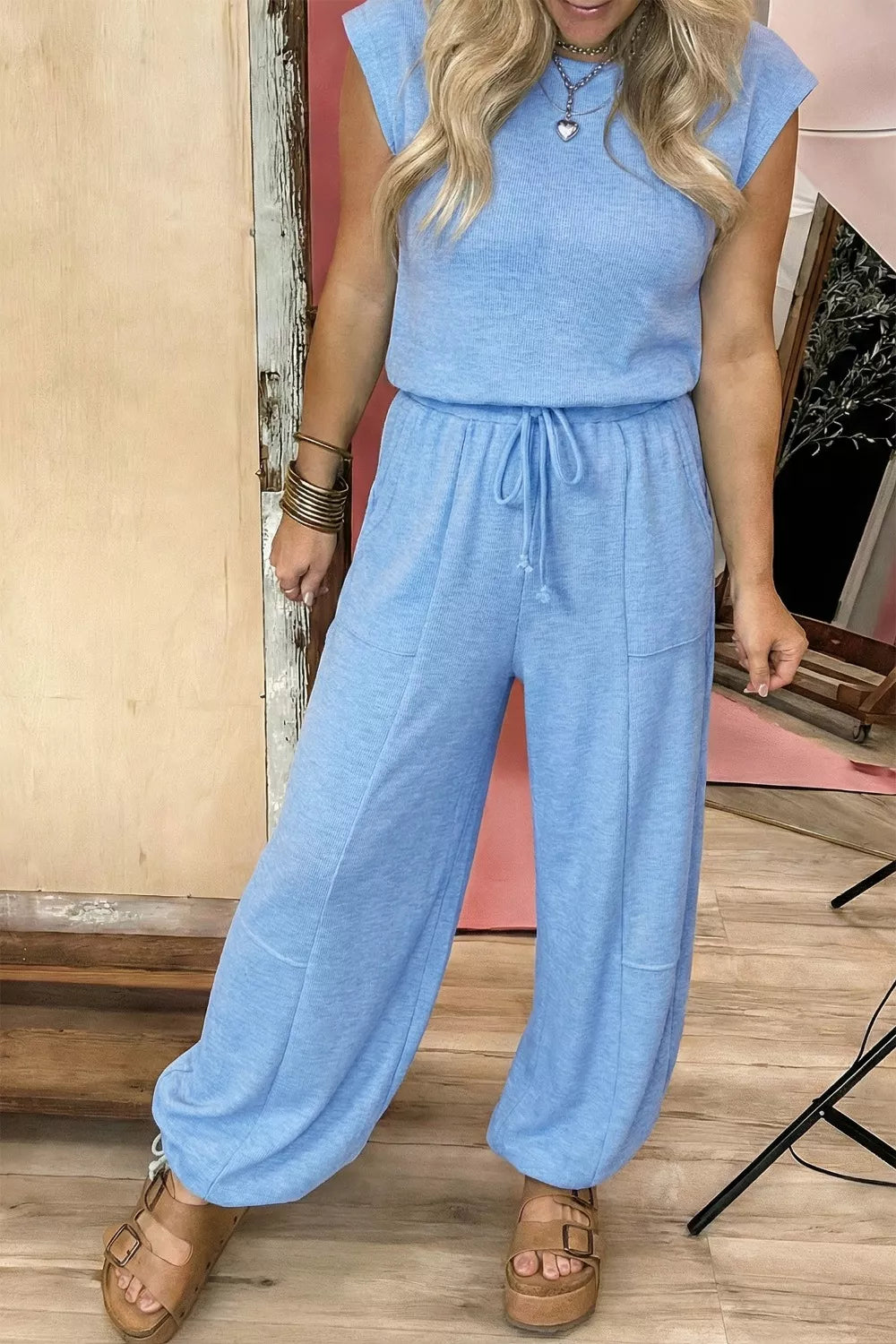 Blue knit cap sleeve top and jogger pants set with drawstring waist and pockets