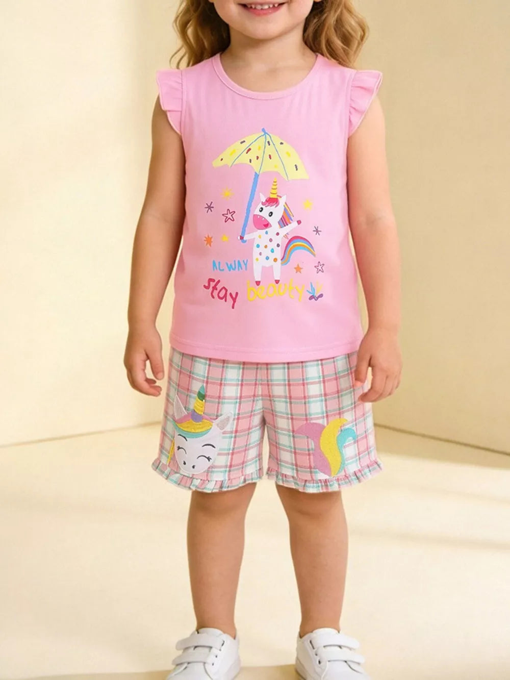 Toddler pink unicorn pajama set with ruffled top and plaid shorts.