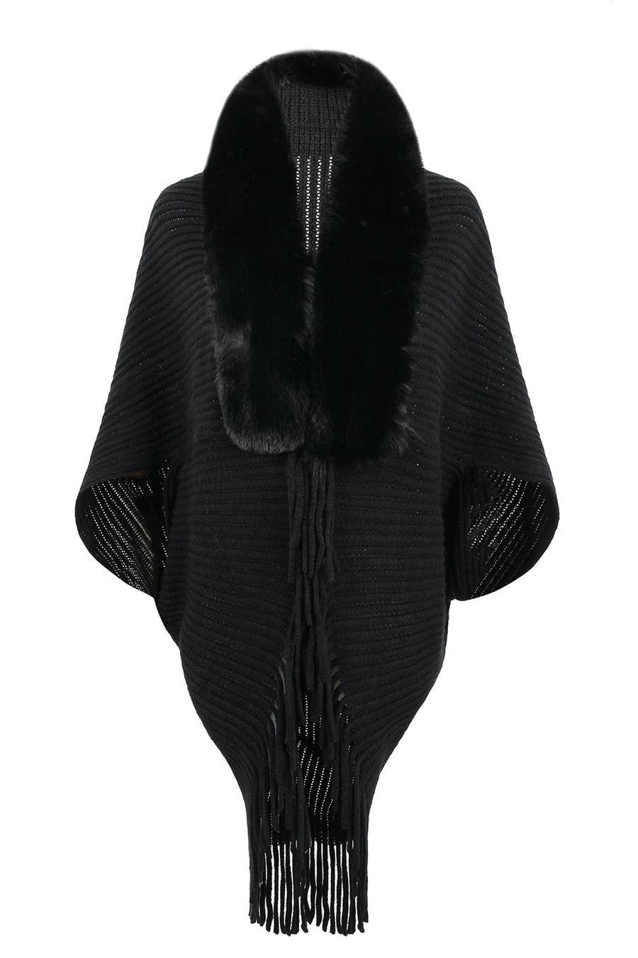 Black knit cape with faux fur collar and fringe detail