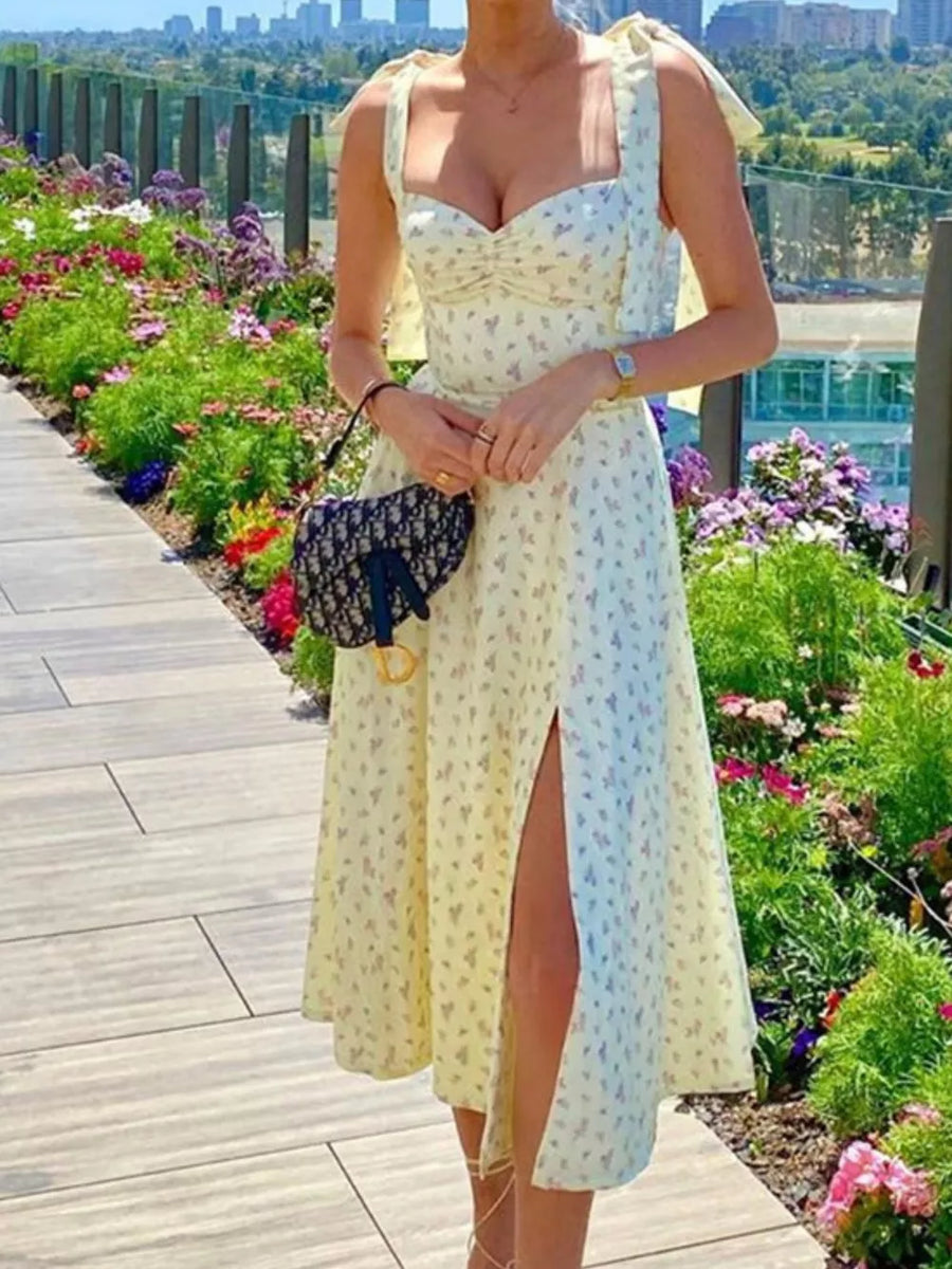 Cream floral tie shoulder midi dress with sweetheart neckline and thigh-high slit