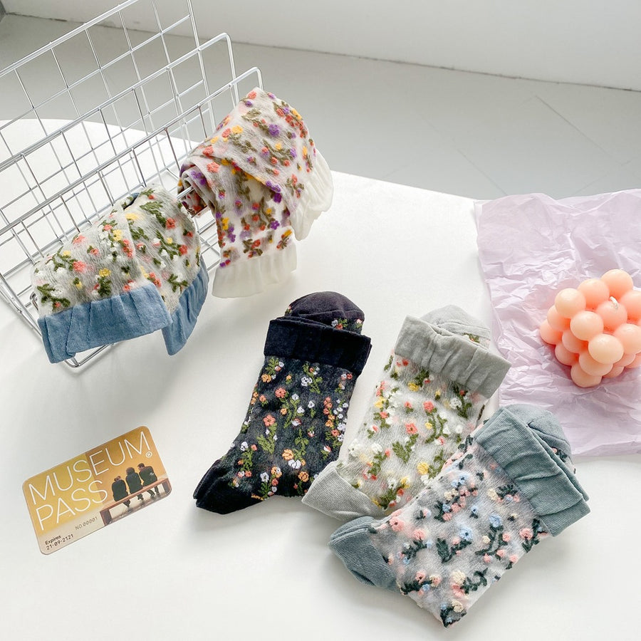 light gray socks featuring sheer and ditsy floral