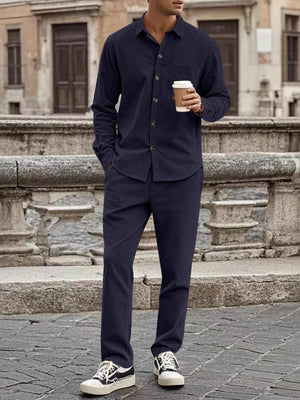 Navy Blue Men's Full Size Button Up Long Sleeve Shirt And Pants Set