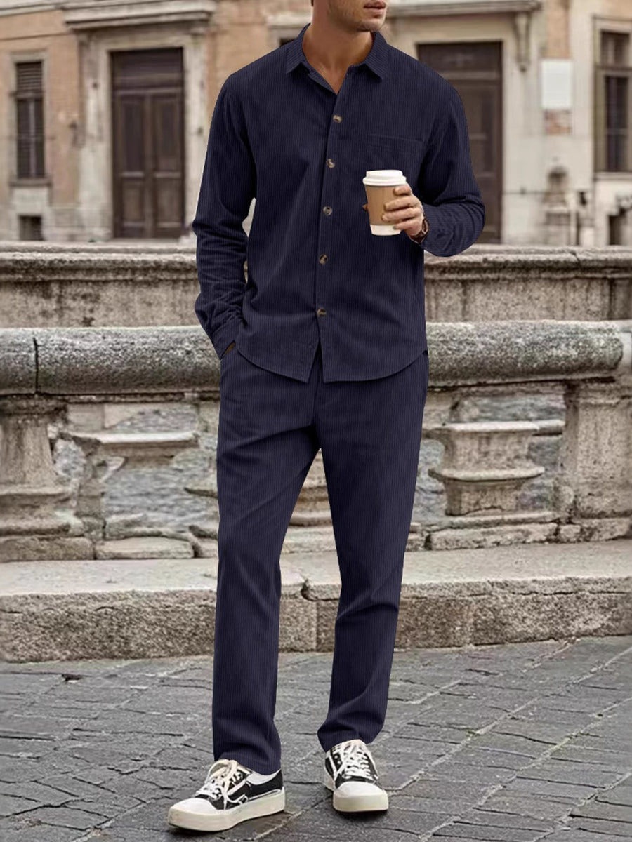 Navy Blue Men's Full Size Button Up Long Sleeve Shirt And Pants Set