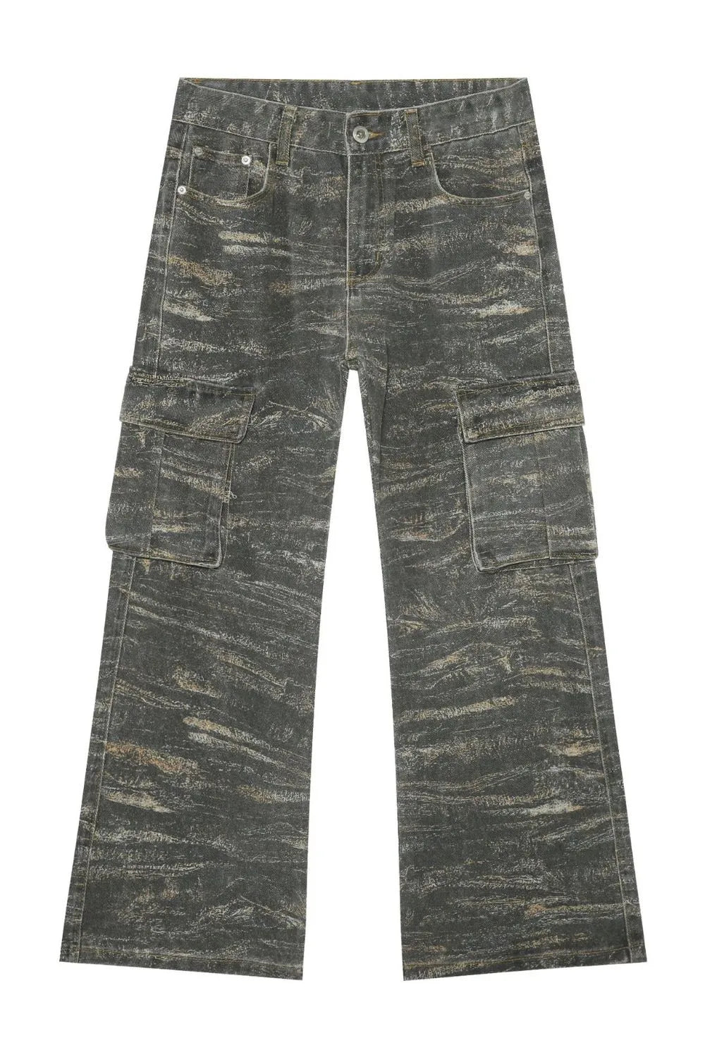 Distressed camo wide-leg cargo jeans in dark gray with multiple pockets.