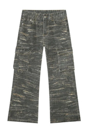 Distressed camo wide-leg cargo jeans in dark gray with multiple pockets.