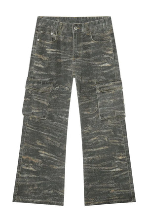 Distressed camo wide-leg cargo jeans in dark gray with multiple pockets.