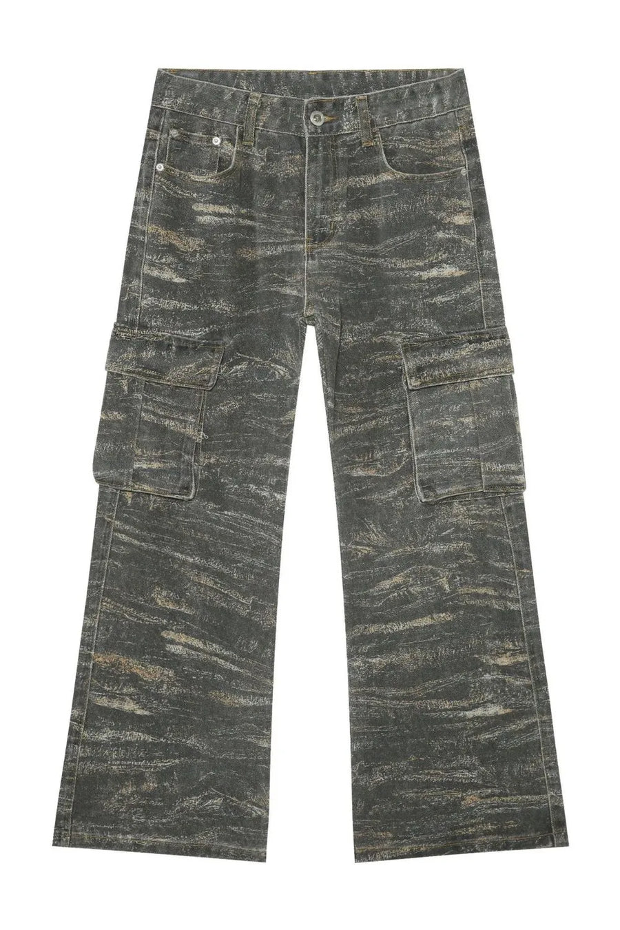 Distressed camo wide-leg cargo jeans in dark gray with multiple pockets.
