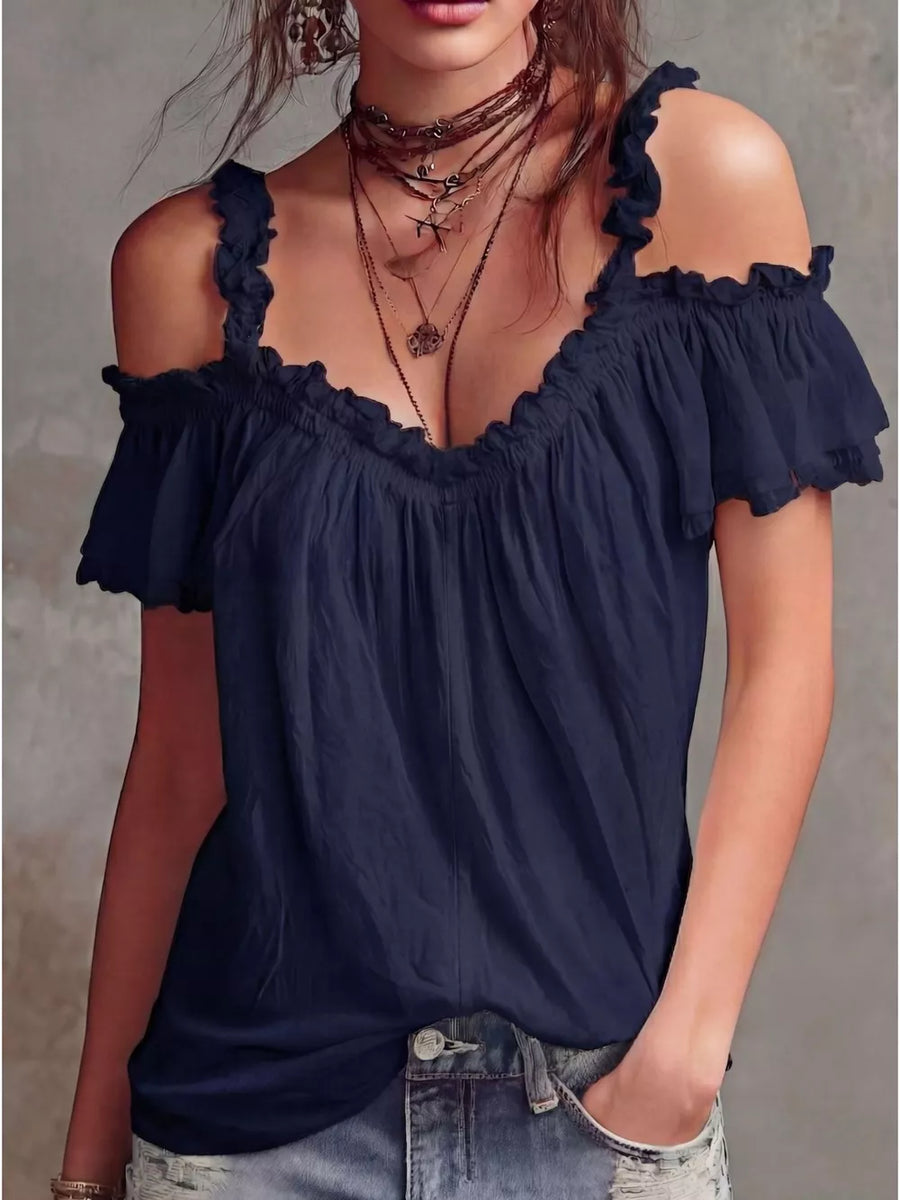 Navy blue ruffled cold shoulder shirt with deep V-neck and short sleeves.