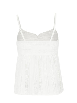 White textured sweetheart neck cami top with lace trim and adjustable straps.