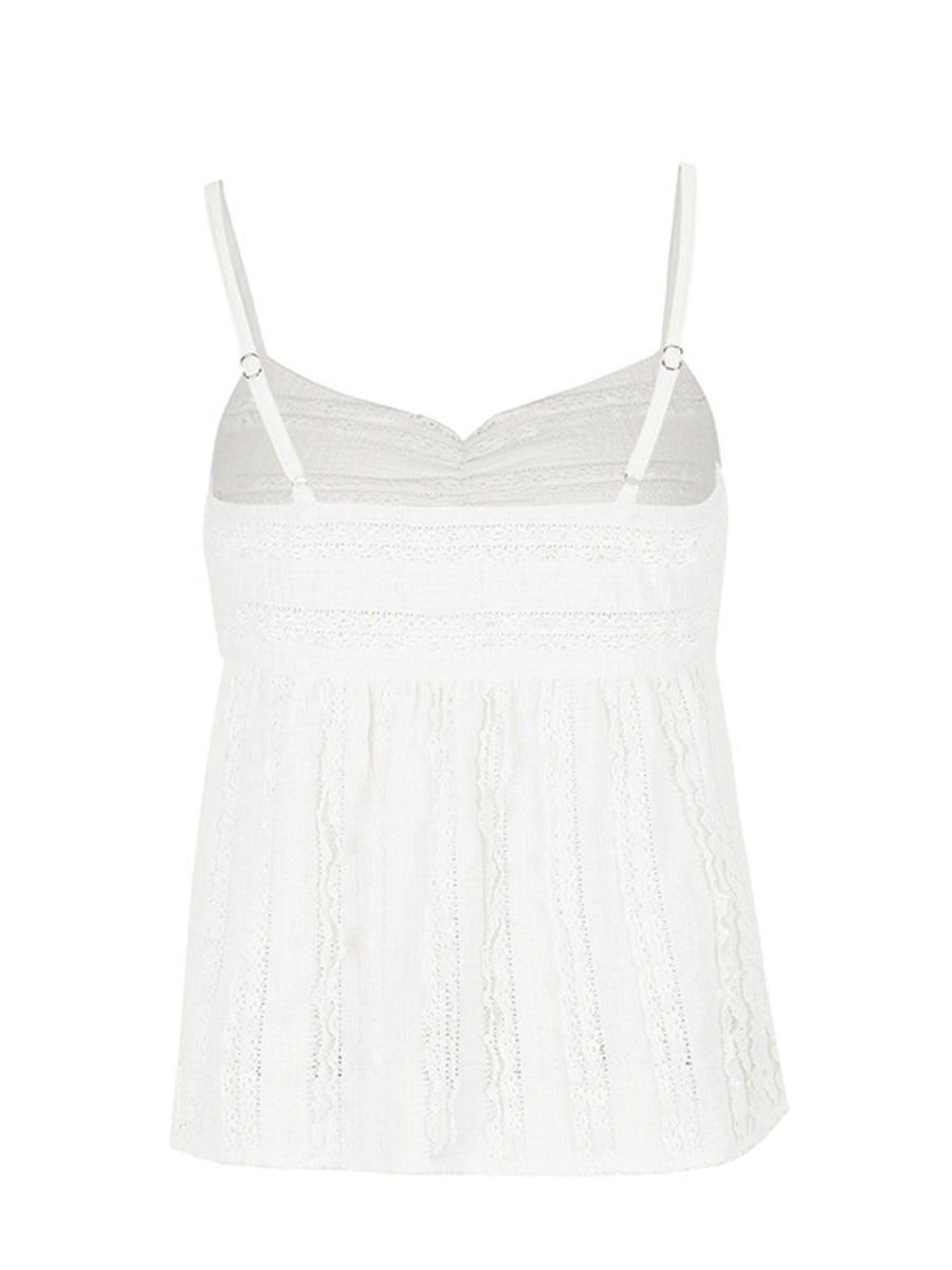White textured sweetheart neck cami top with lace trim and adjustable straps.