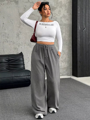 Maternity drawstring wide-leg pants in gray, with a relaxed fit and comfortable waistband.