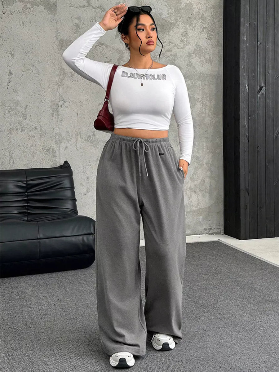 Maternity drawstring wide-leg pants in gray, with a relaxed fit and comfortable waistband.