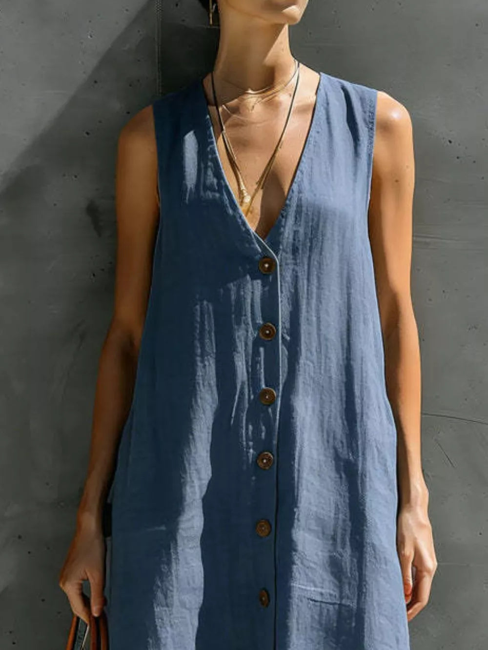Khaki Color straight maxi dress with v-neck
