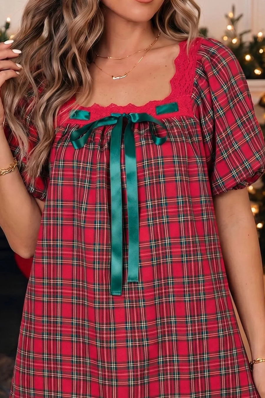 Deep Red with Plaid Square Collar Lace Trim Mini Dress