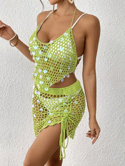Lime crochet cover up set with iridescent sequins and drawstring skirt detail.