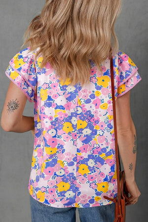 Floral Print Striped Color Block V Neck Blouse in this colorway