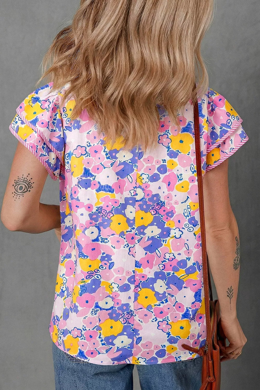 Floral Print Striped Color Block V Neck Blouse in this colorway