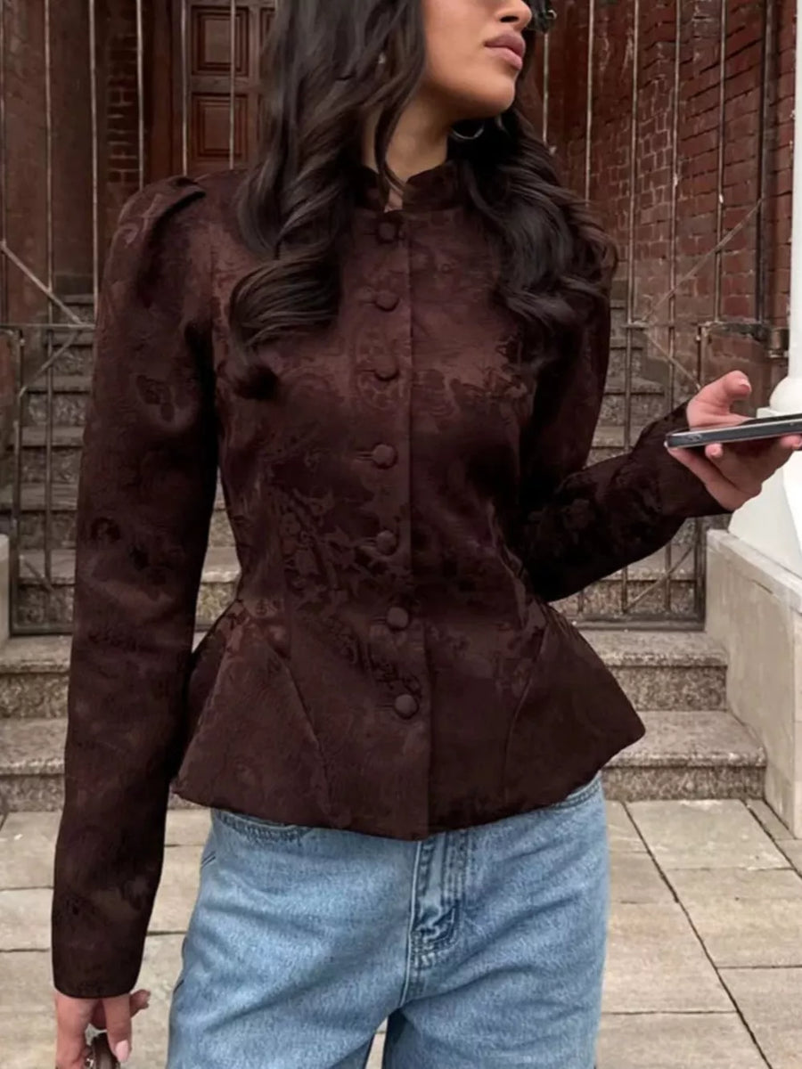 Jacquard Peplum Puff Sleeve Jacket in Apricot with buttoned