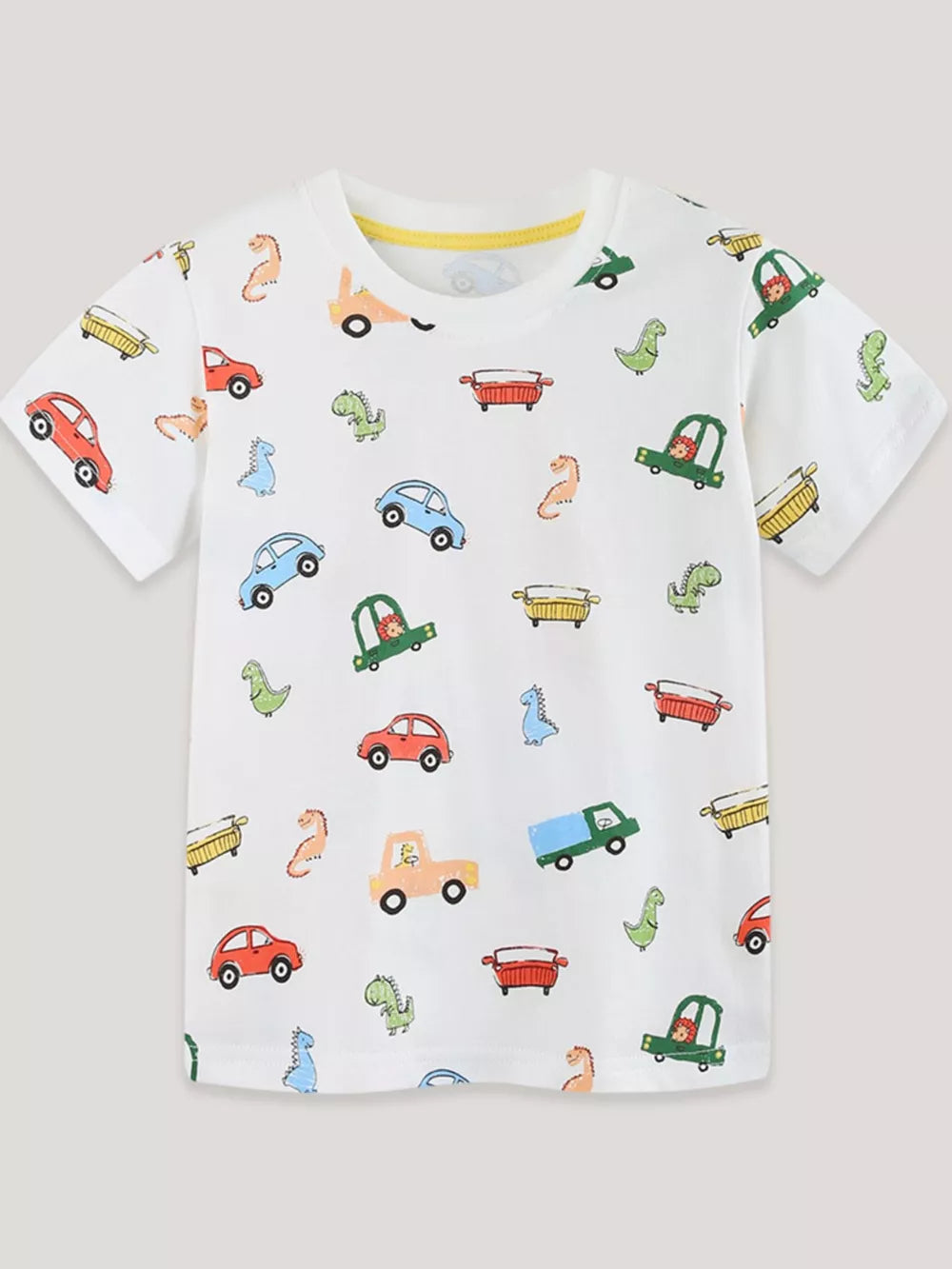 White cotton t-shirt for kids with a colorful cartoon car and dinosaur print.