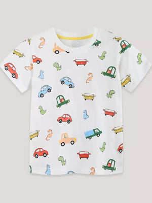 White cotton t-shirt for kids with a colorful cartoon car and dinosaur print.