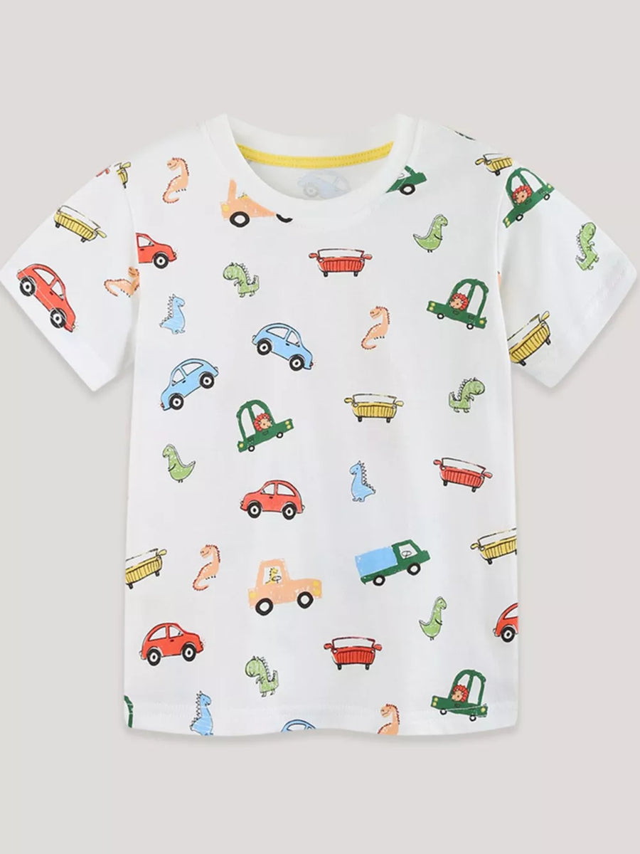 White cotton t-shirt for kids with a colorful cartoon car and dinosaur print.