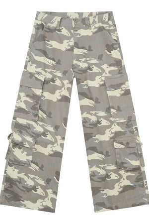 Urban Warrior cargo jeans in gray camouflage with multiple pockets and adjustable ankle ties.