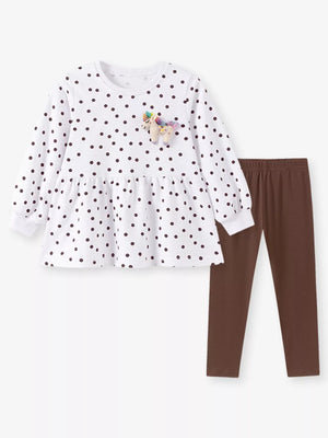 brown peplum top featuring tiered and polka dot
