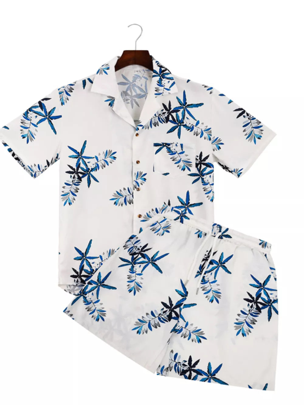 White Men's Tropical Print Short Sleeve Shirt And Shorts Set