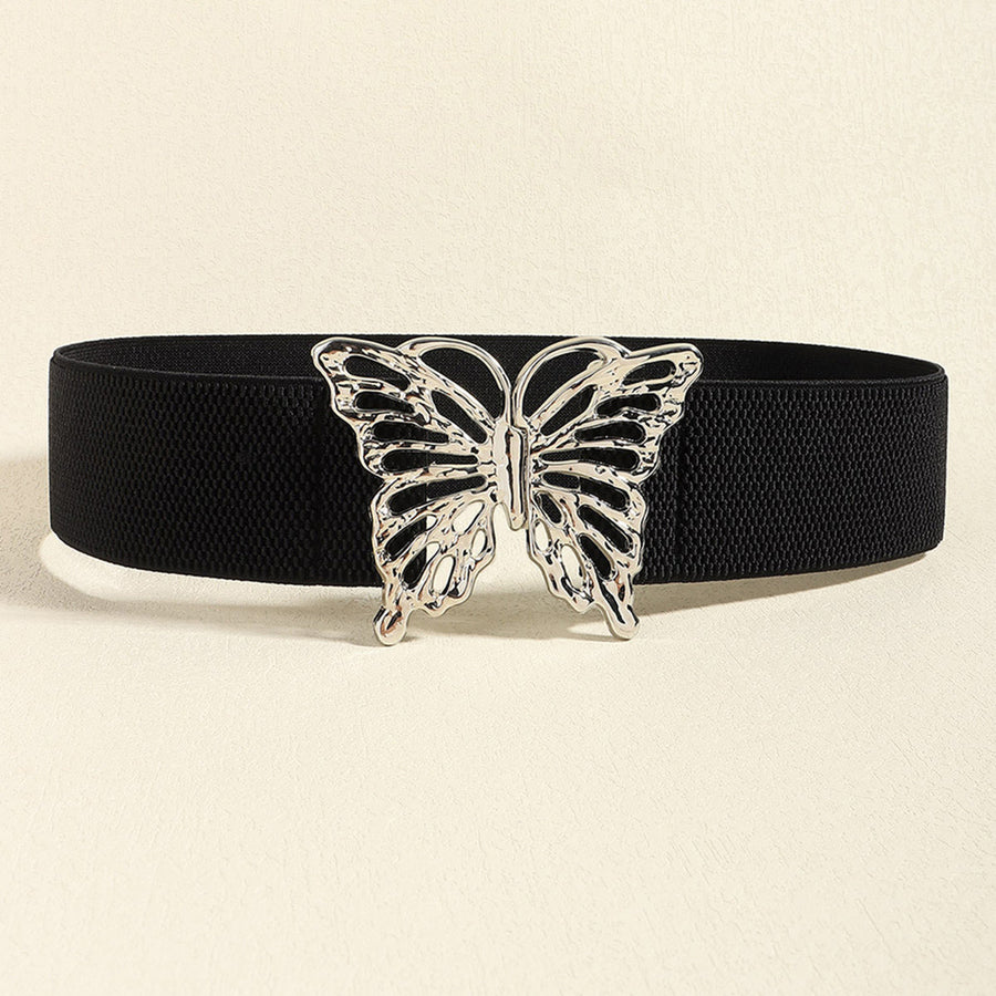 Black elastic belt with silver butterfly buckle detail