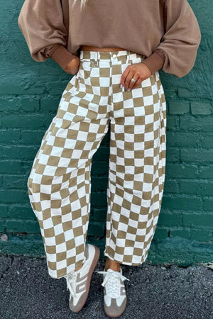 Chic checkered barrel maternity pants in cotton with a wide leg and high waist.