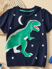 Children's dark navy crew neck t-shirt with a green dinosaur, moon, and stars print.